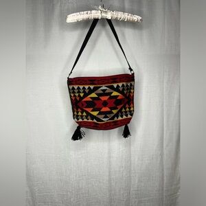 Red black Native print shoulder bag with tassels